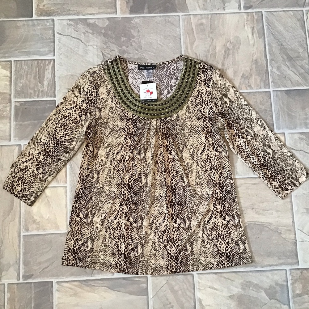 SOFT WORKS OF CANADA SNAKESKIN PULLOVER BEADED TOP